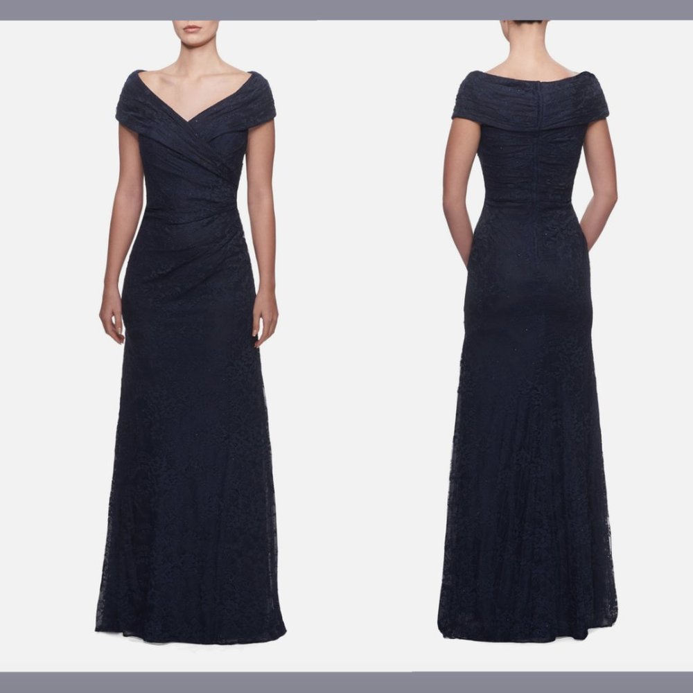 NEW $469 La Femme‎ [ 6 ] Portrait Neck Sparkle Lace Gown in Navy Blue #Q387